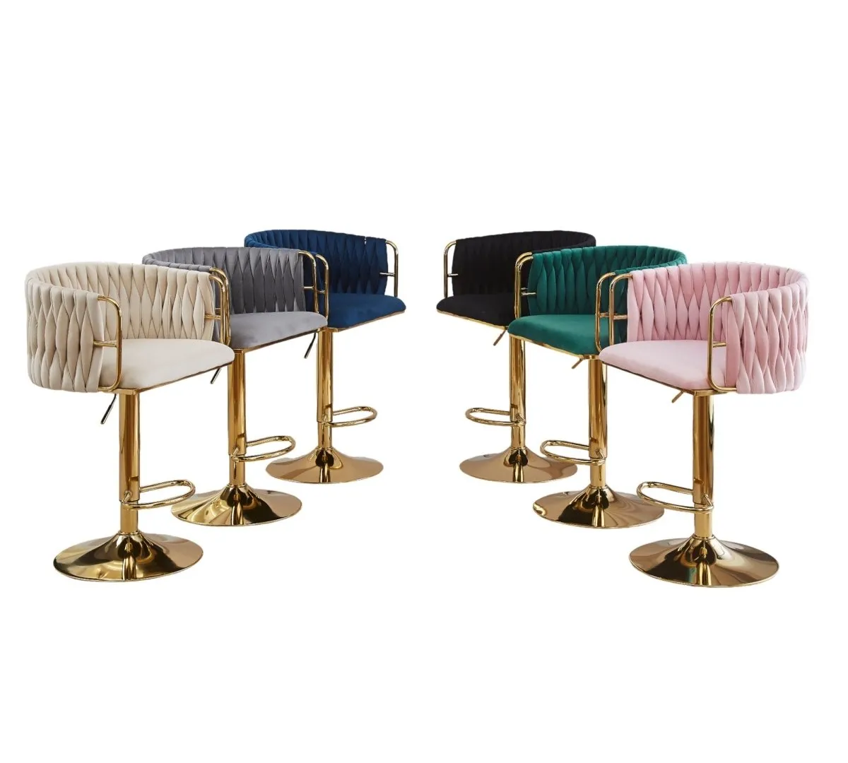 2x Height Adjustable Pink Swivel Bar Stool Velvet Golden Round Base Barstools Chairs