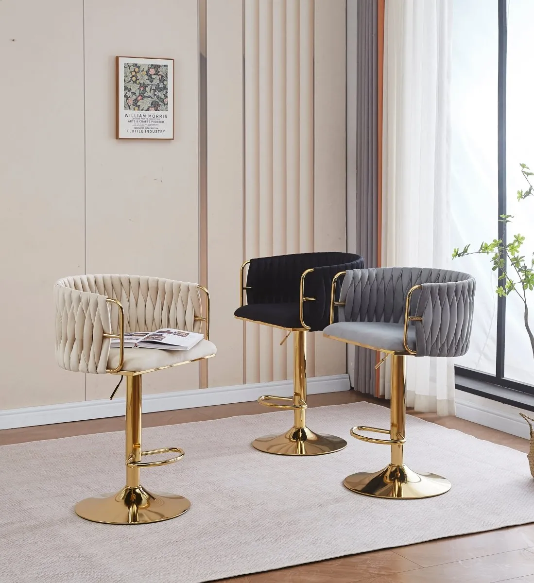 2x Height Adjustable Pink Swivel Bar Stool Velvet Golden Round Base Barstools Chairs