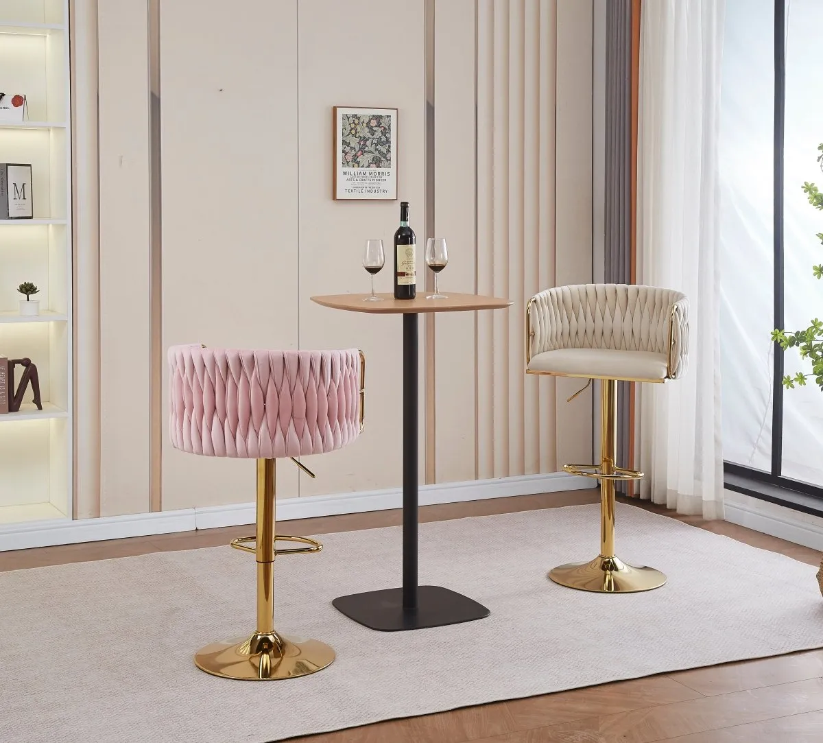 2x Height Adjustable Pink Swivel Bar Stool Velvet Golden Round Base Barstools Chairs