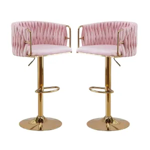 2x Height Adjustable Pink Swivel Bar Stool Velvet Golden Round Base Barstools Chairs