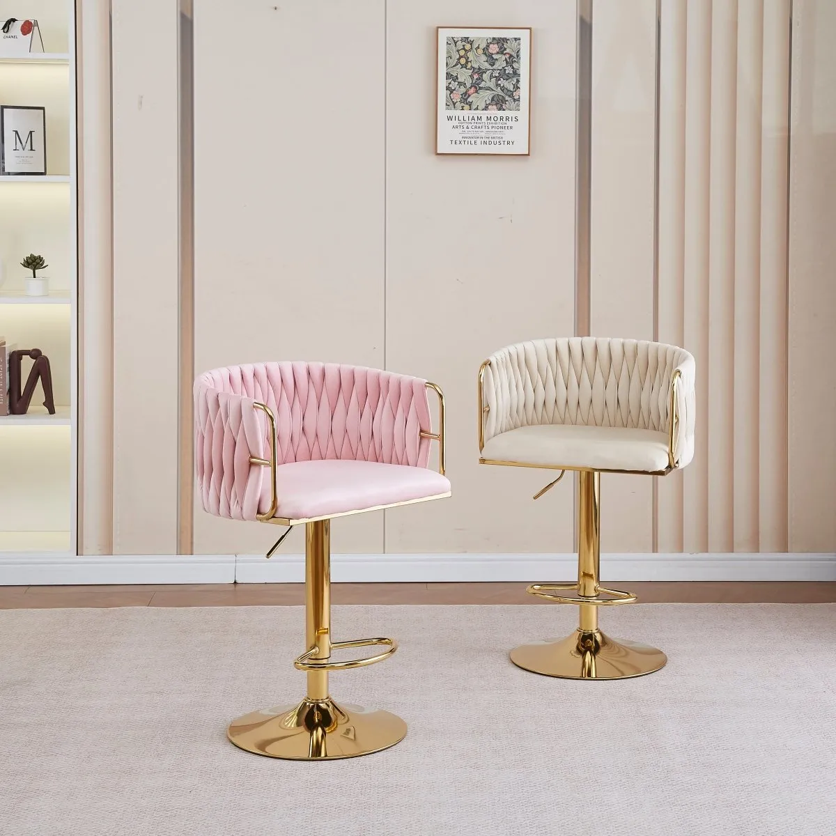 2x Height Adjustable Pink Swivel Bar Stool Velvet Golden Round Base Barstools Chairs
