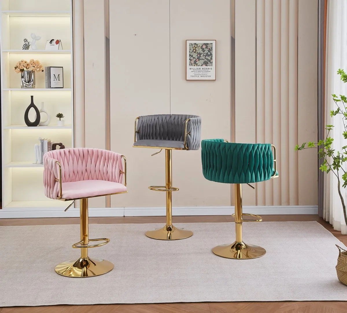 2x Height Adjustable Pink Swivel Bar Stool Velvet Golden Round Base Barstools Chairs