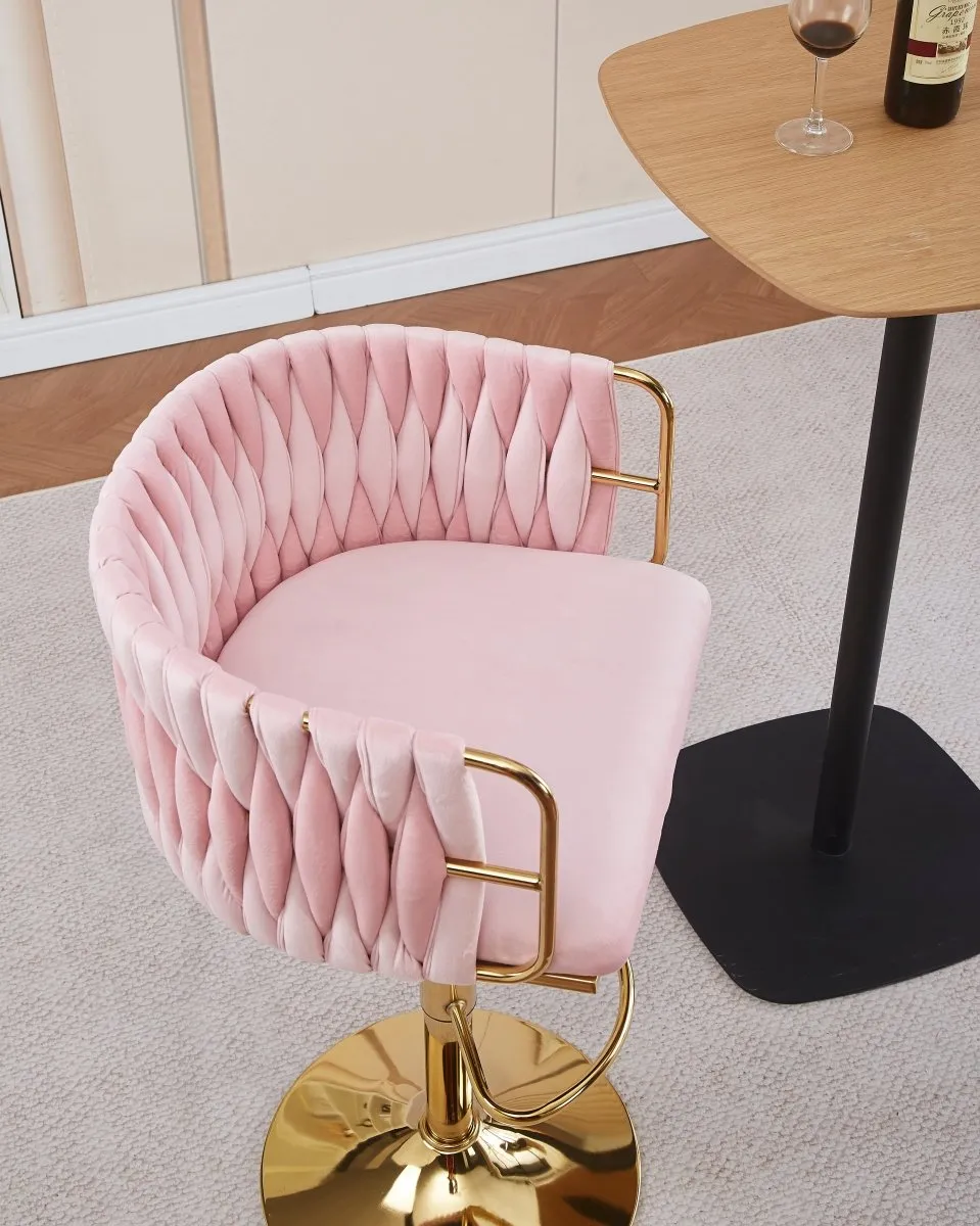 2x Height Adjustable Pink Swivel Bar Stool Velvet Golden Round Base Barstools Chairs