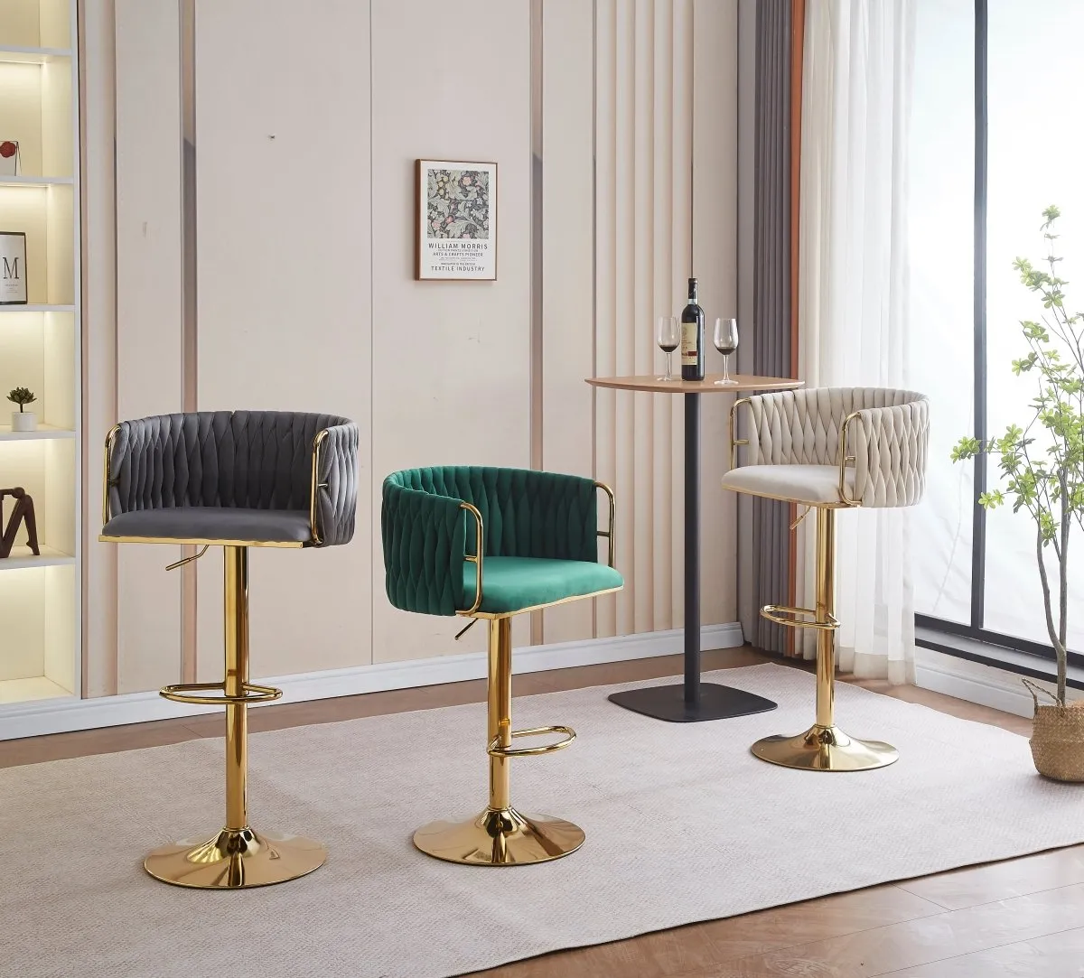 2x Height Adjustable Pink Swivel Bar Stool Velvet Golden Round Base Barstools Chairs