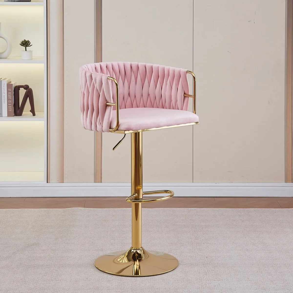2x Height Adjustable Pink Swivel Bar Stool Velvet Golden Round Base Barstools Chairs
