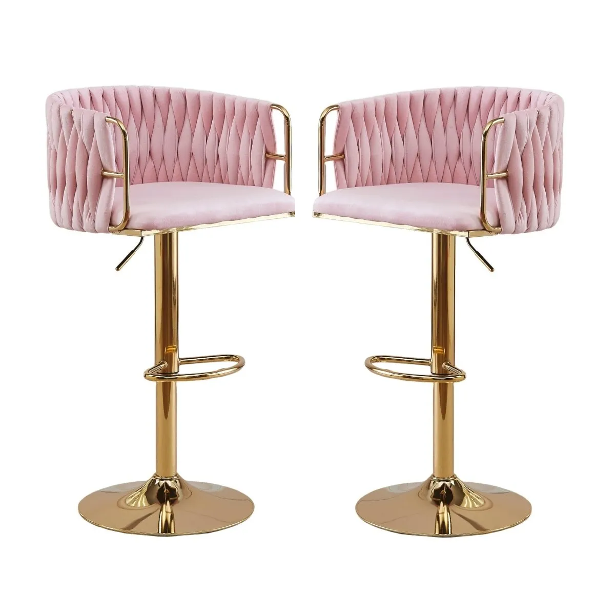 2x Height Adjustable Pink Swivel Bar Stool Velvet Golden Round Base Barstools Chairs