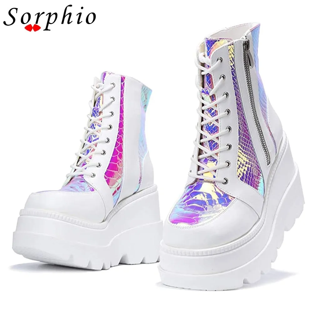 Amozae--Christmas Gift Fashion Platfrom Wedges Ankle Boots Women Pink Color Changing Zipper Lace Up Design Goth Shoes Woman Casual Comfort Popular