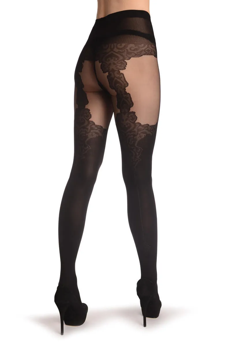 Black Faux Seamed Elegant Lace Stocking With Suspenders 40 Den