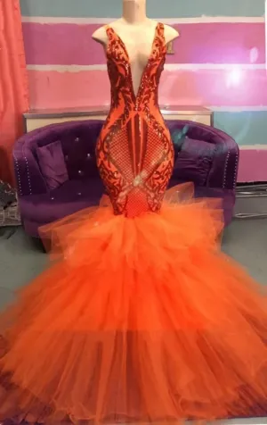 Black Girl Prom Dress Orange Mermaid Lace Appliques Prom Dresses Tulle Ruffles Sexy V Neck Evening Gowns