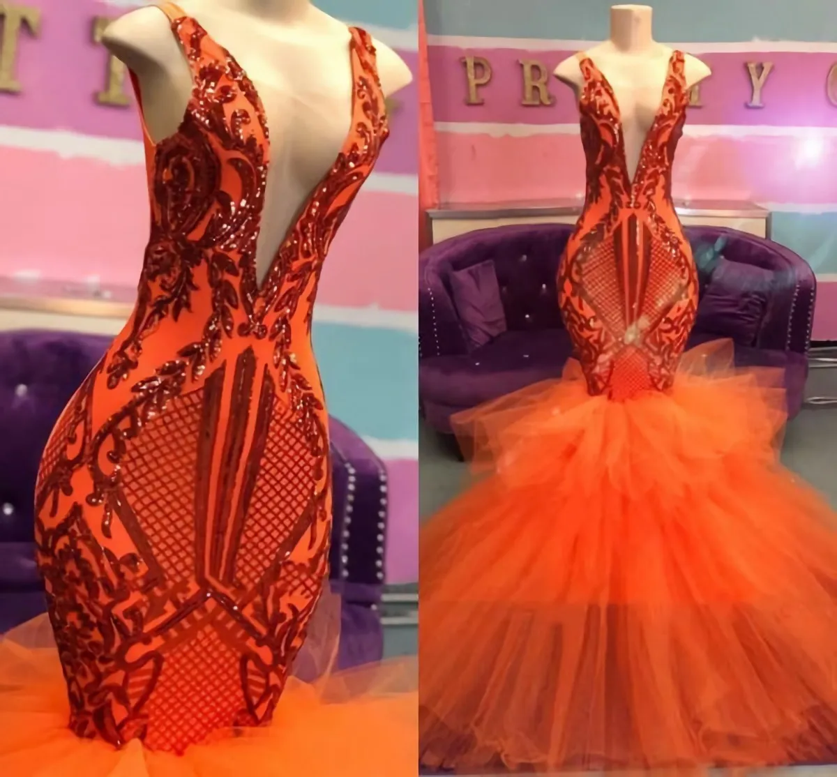 Black Girl Prom Dress Orange Mermaid Lace Appliques Prom Dresses Tulle Ruffles Sexy V Neck Evening Gowns