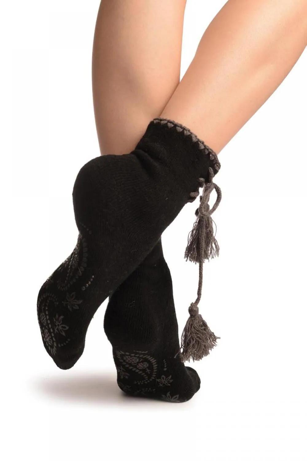 Black Lace Up With Silicon Grip Angora Ankle High Socks