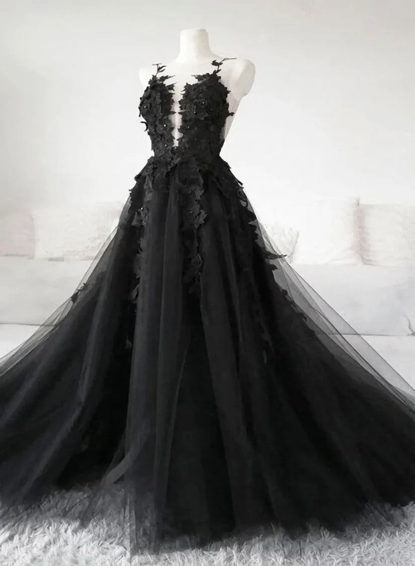 Black Tulle Party Dress with Lace Long Prom Dress Pretty Black Evening Dress