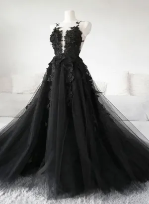 Black Tulle Party Dress with Lace Long Prom Dress Pretty Black Evening Dress