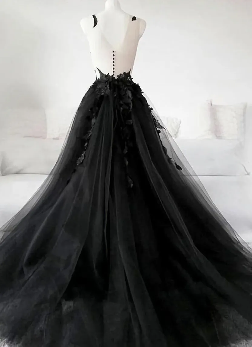 Black Tulle Party Dress with Lace Long Prom Dress Pretty Black Evening Dress