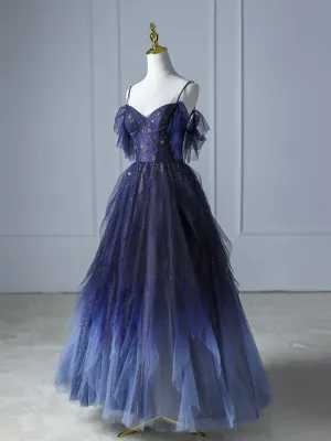 Blue Gradient Tulle Long Prom Dress Beautiful Spaghetti Strap Evening Party Dress