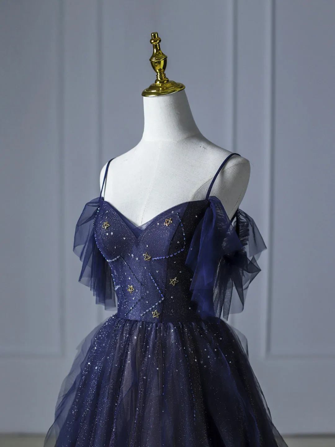 Blue Gradient Tulle Long Prom Dress Beautiful Spaghetti Strap Evening Party Dress