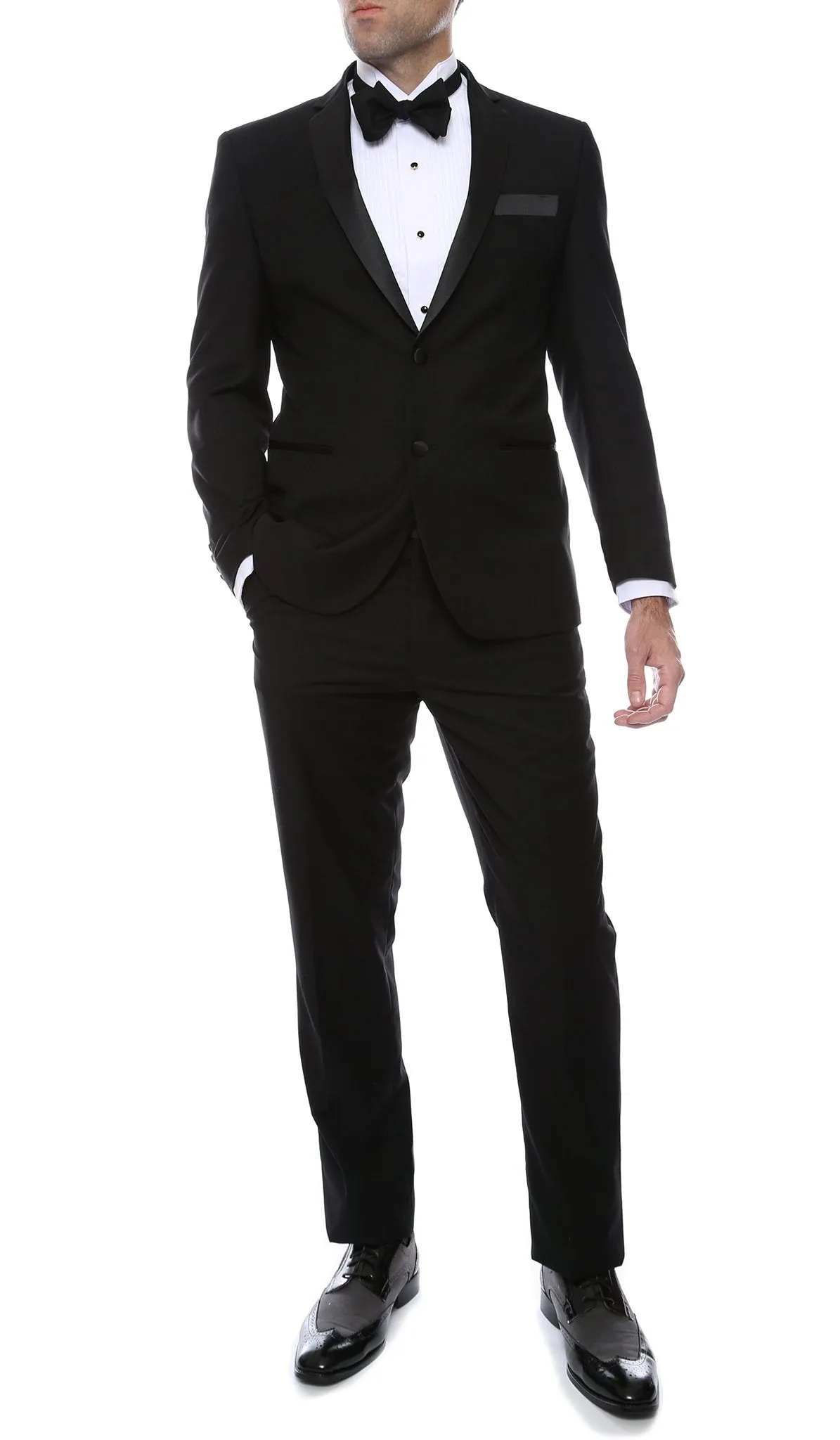 Bronson Black Slim Fit Notch Collar Lapel 2 Piece Tuxedo Suit Set - Tux Blazer Jacket and Pants