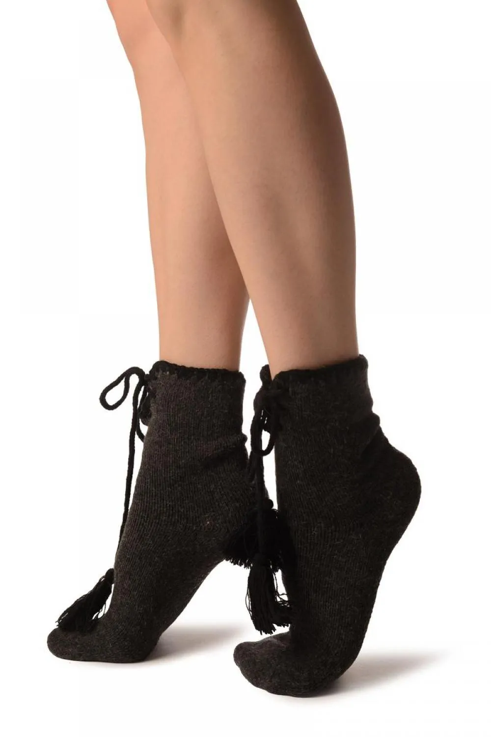 Dark Grey Lace Up With Silicon Grip Angora Ankle High Socks