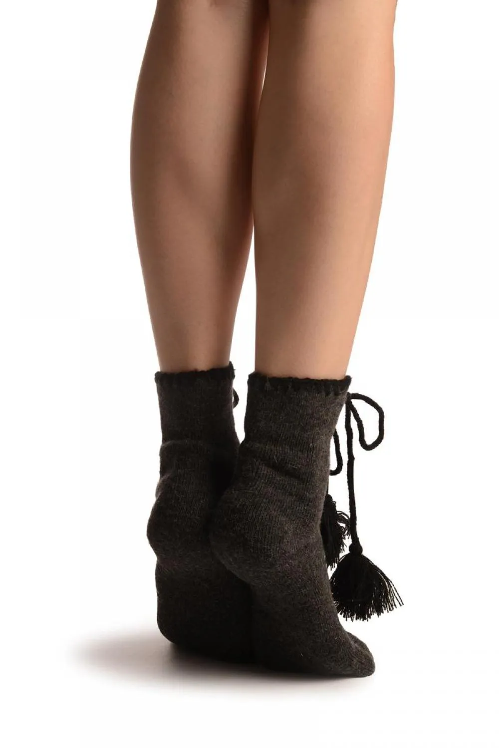 Dark Grey Lace Up With Silicon Grip Angora Ankle High Socks