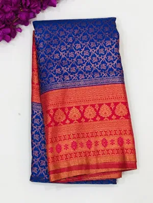 Dazzling Blue Color Art Silk Saree With Red Color Floral Design Bordered For Women - SILKMARK CERTIFIED