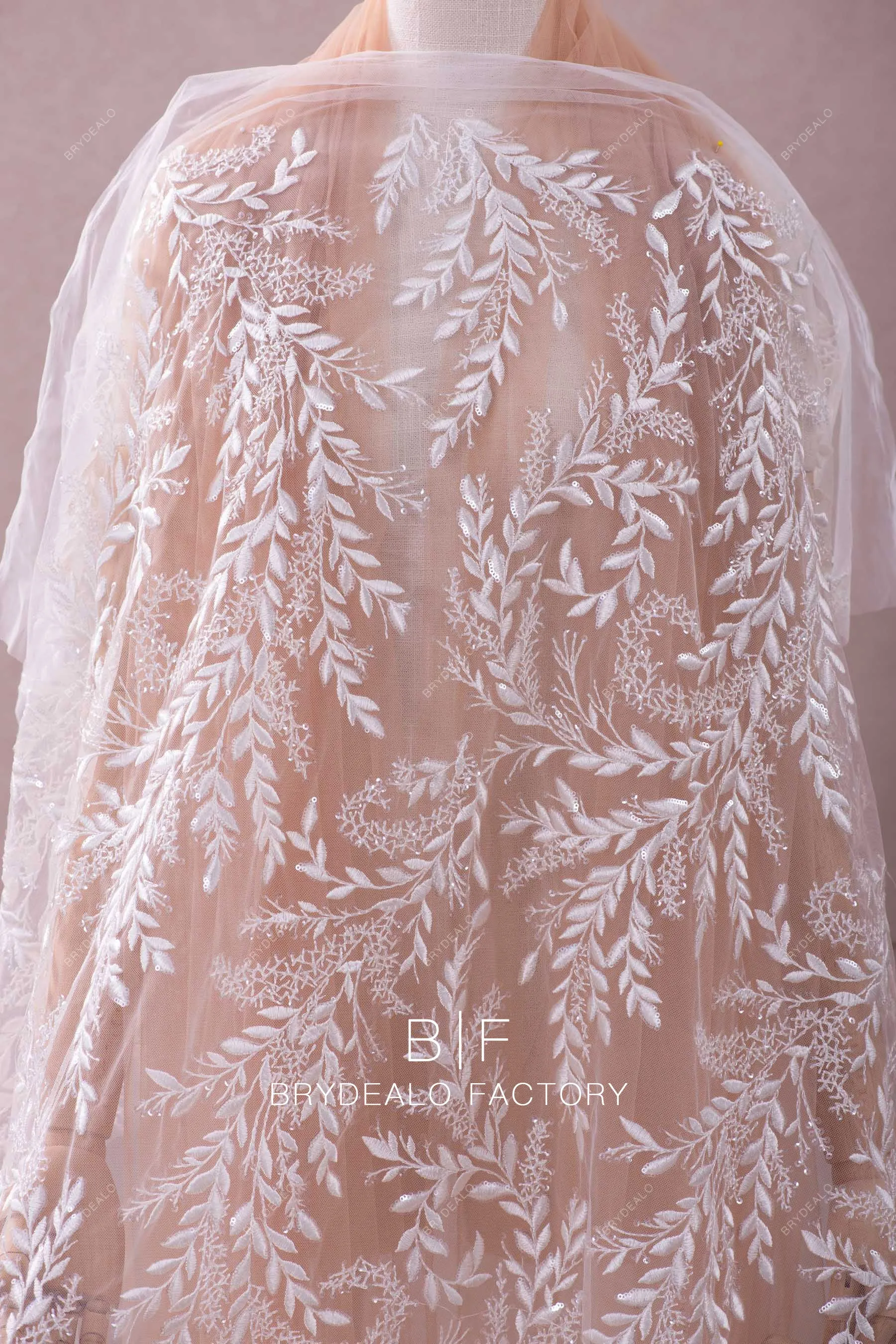 Designer Shimmery Leaf Motif Embroidery Lace Fabric