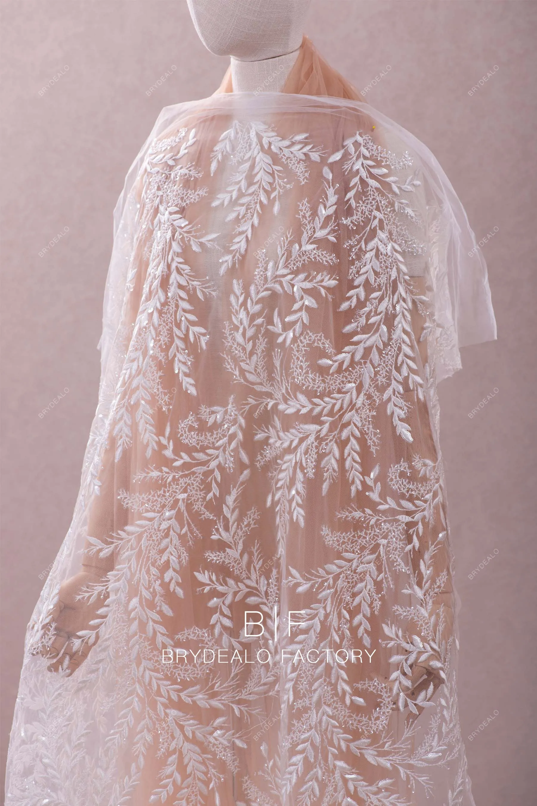 Designer Shimmery Leaf Motif Embroidery Lace Fabric