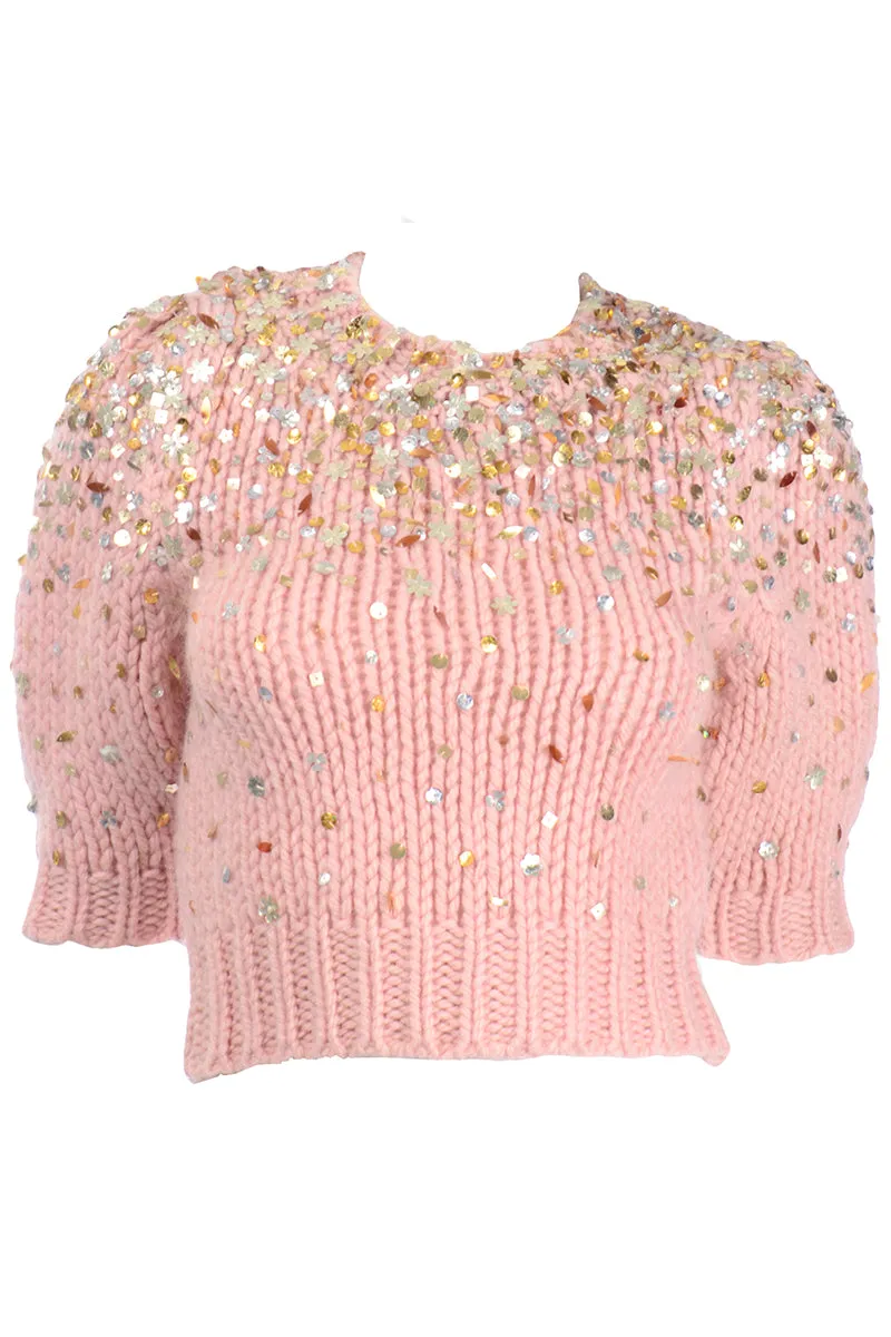 Dries Van Noten Pink Mohair Wool Cropped Sweater with Sequins