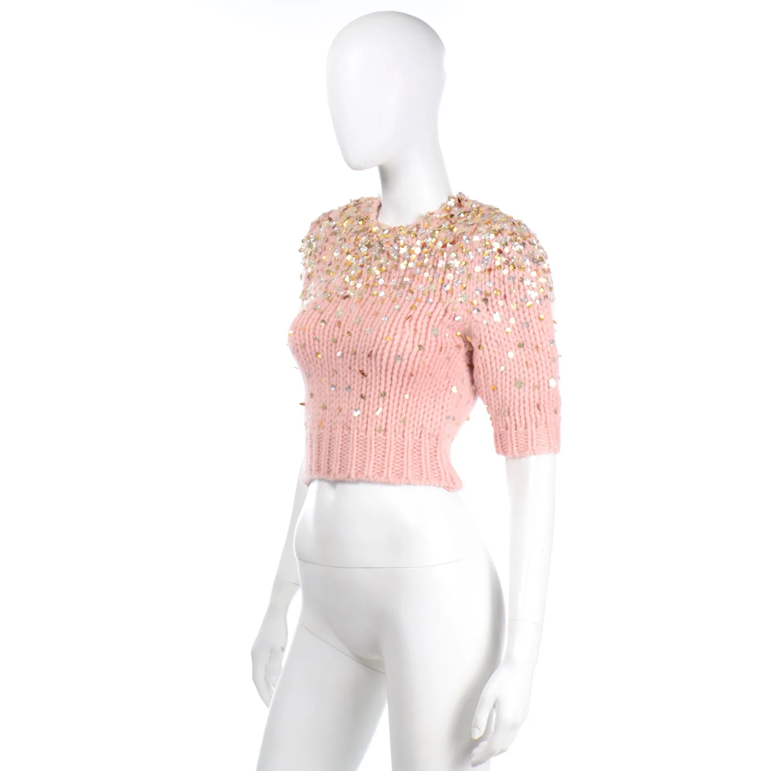Dries Van Noten Pink Mohair Wool Cropped Sweater with Sequins