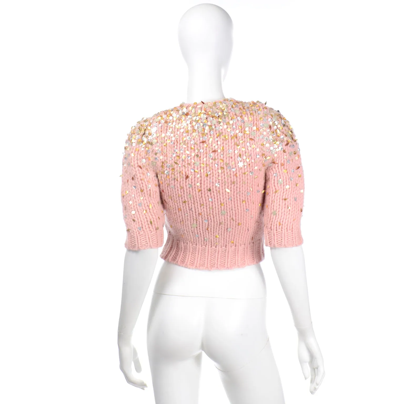 Dries Van Noten Pink Mohair Wool Cropped Sweater with Sequins
