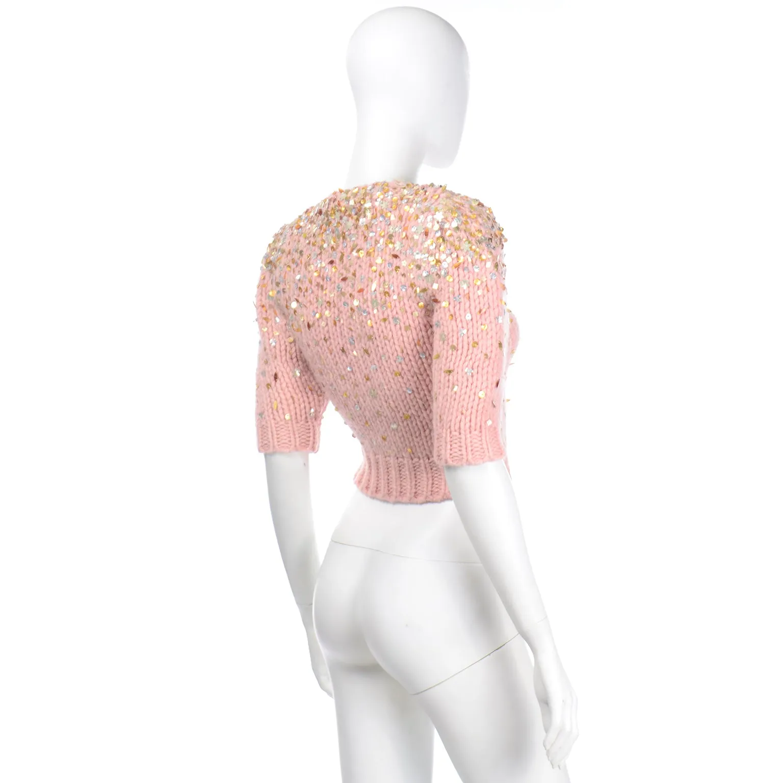 Dries Van Noten Pink Mohair Wool Cropped Sweater with Sequins
