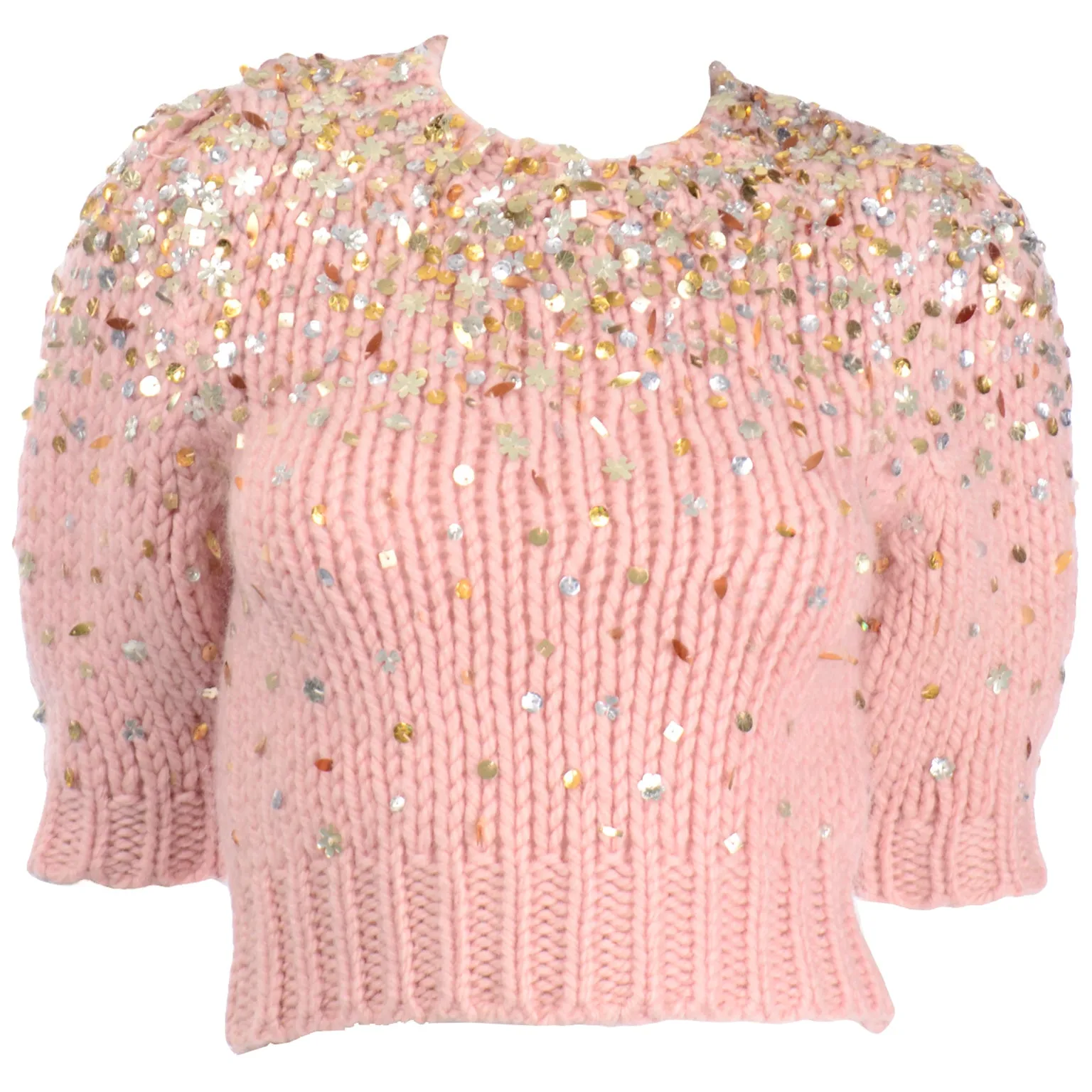 Dries Van Noten Pink Mohair Wool Cropped Sweater with Sequins