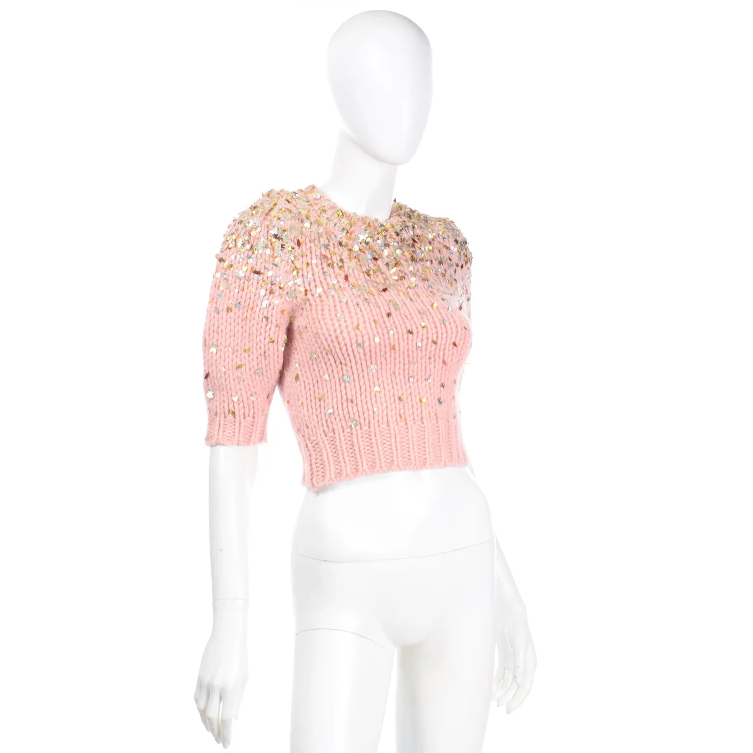 Dries Van Noten Pink Mohair Wool Cropped Sweater with Sequins