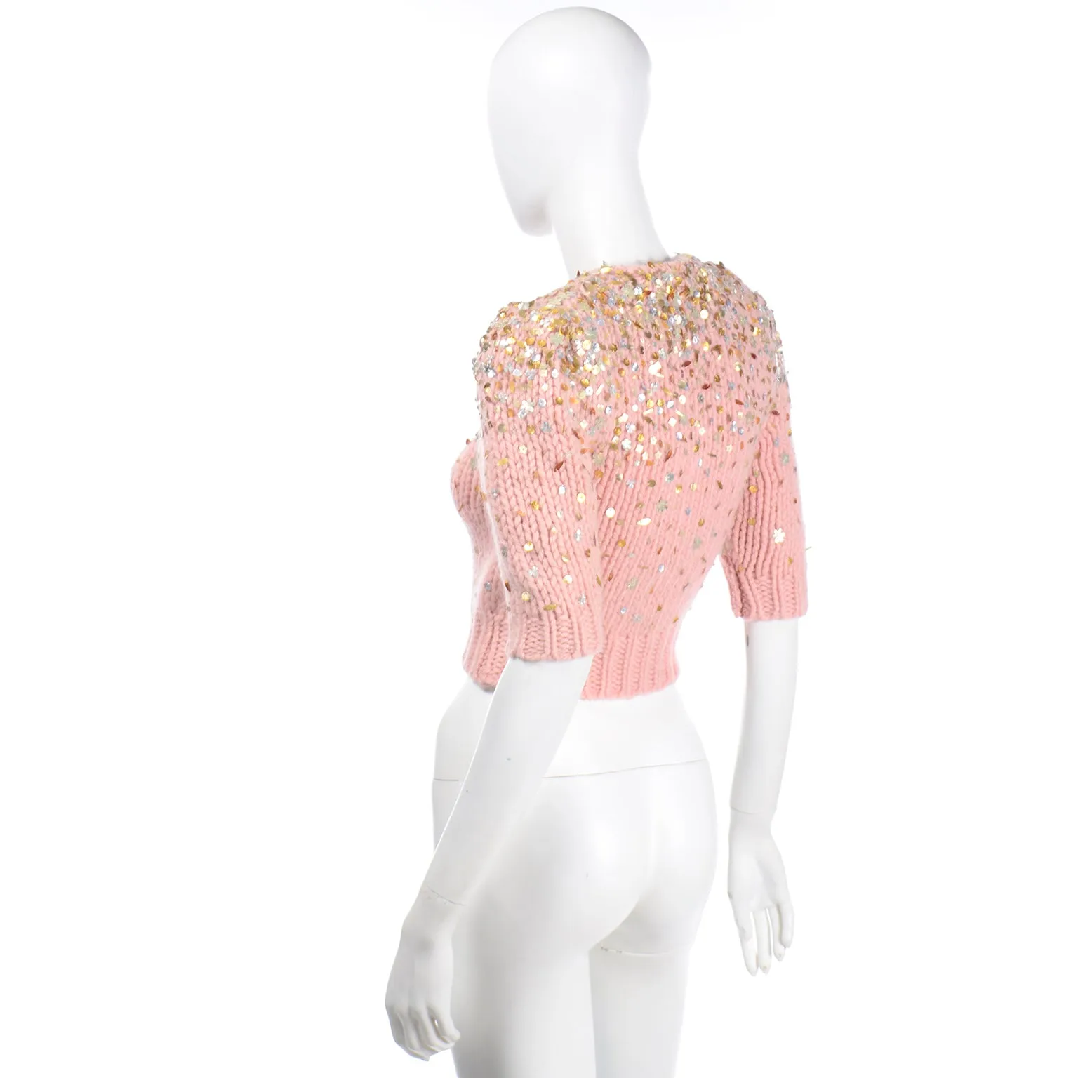 Dries Van Noten Pink Mohair Wool Cropped Sweater with Sequins