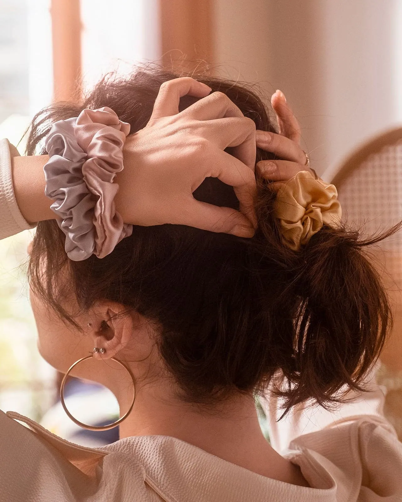 FEELITS 100% Royal Mulberry Silk. Natural Care Silk Hair Scrunchies- Champagne Gold