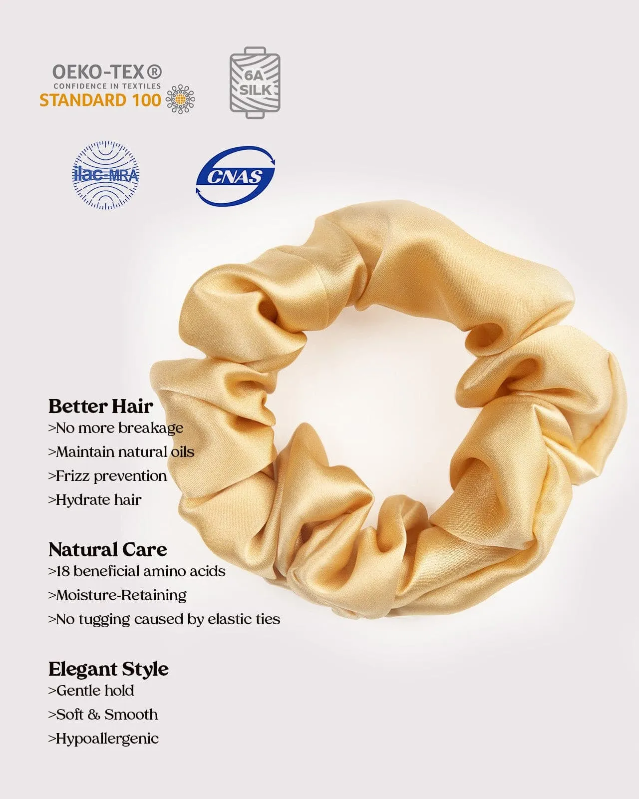 FEELITS 100% Royal Mulberry Silk. Natural Care Silk Hair Scrunchies- Champagne Gold