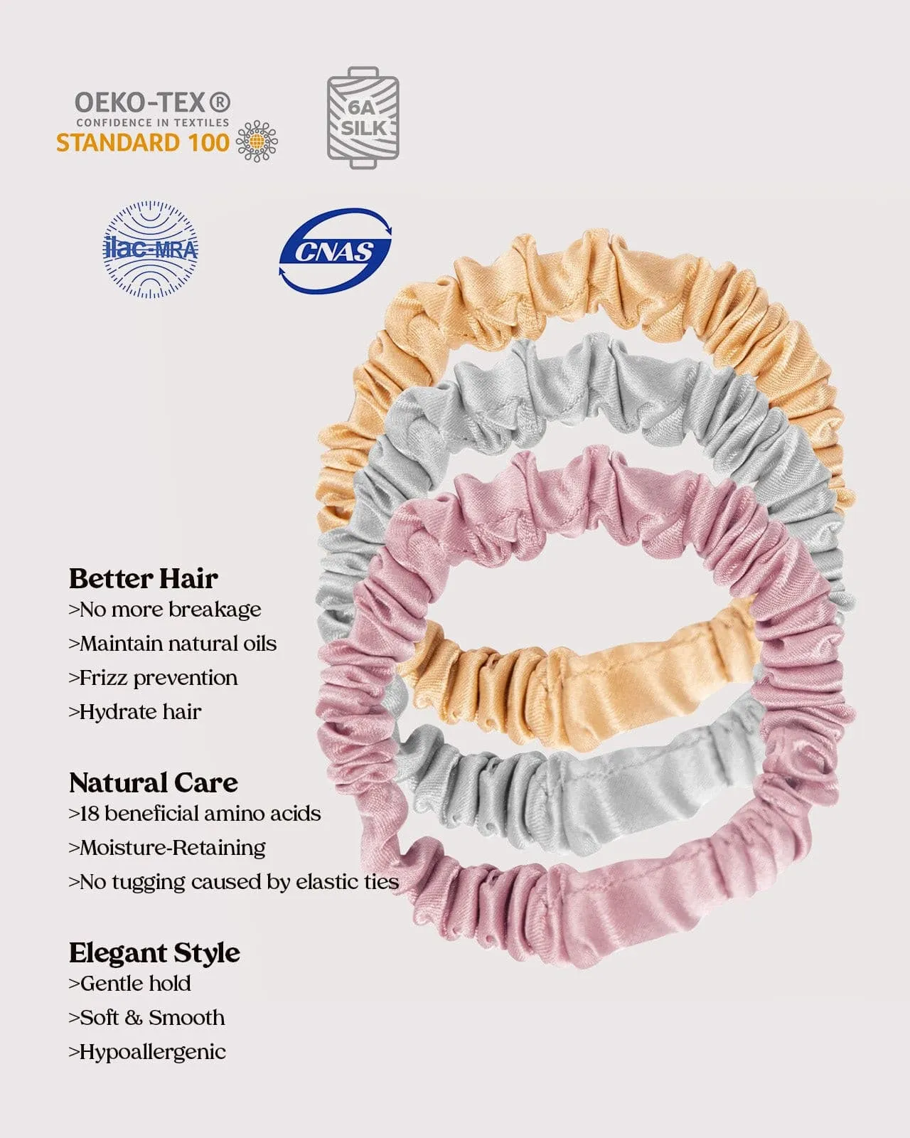 FEELITS 100% Royal Mulberry Silk. Natural Care Skinny Hair Scrunchies- Trio Set