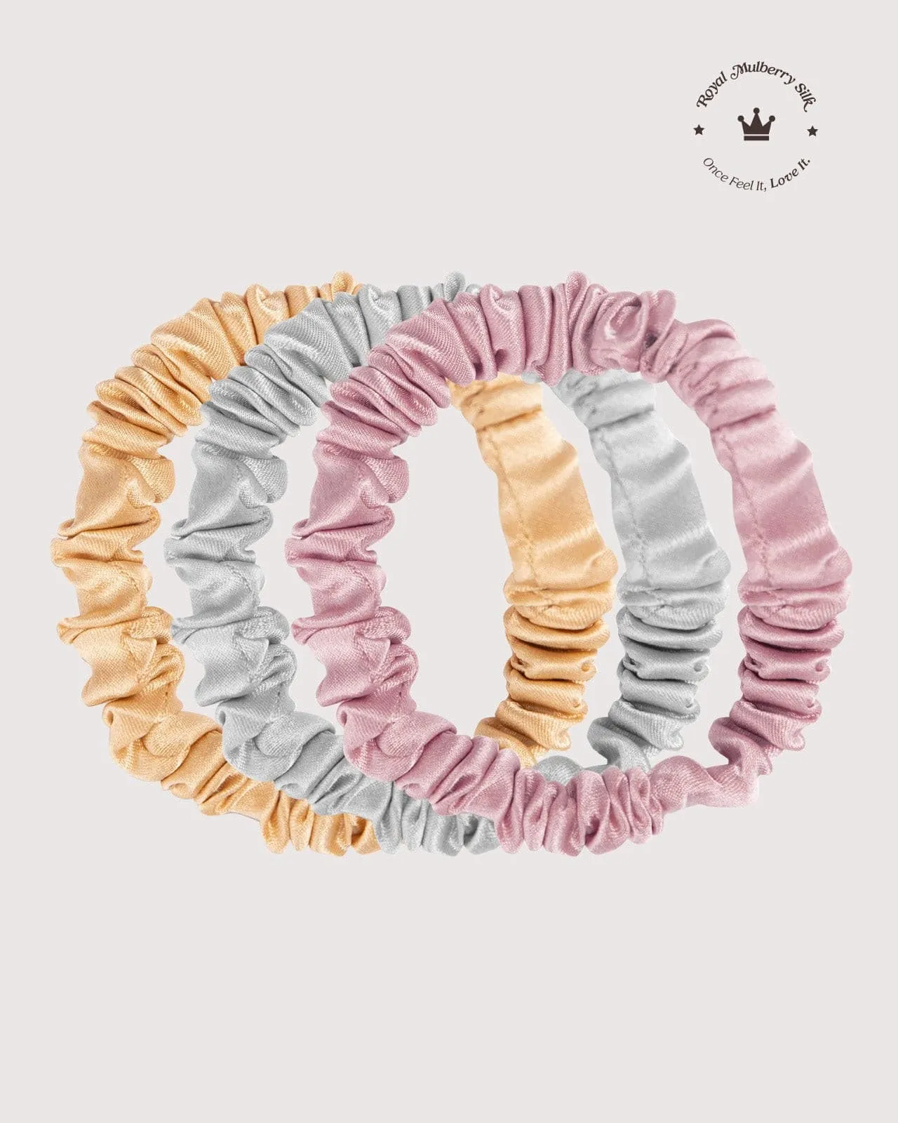FEELITS 100% Royal Mulberry Silk. Natural Care Skinny Hair Scrunchies- Trio Set