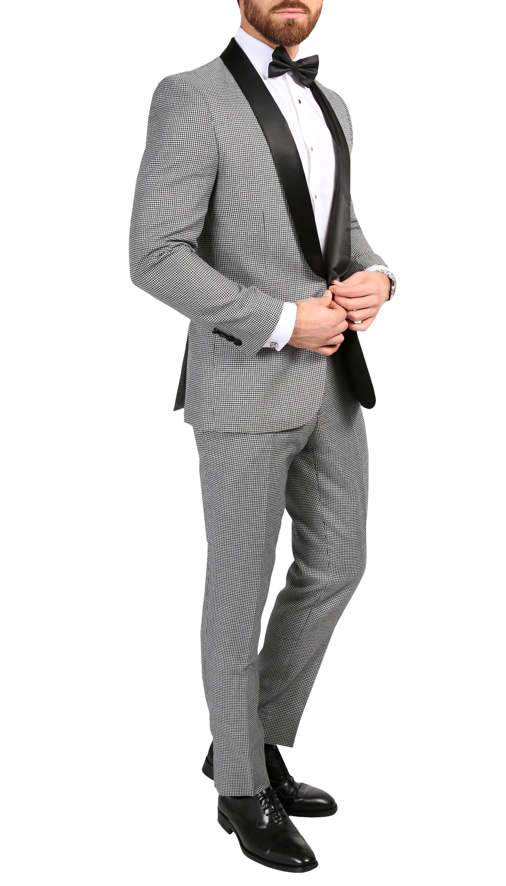 Ferrecci Men's Hilton Skinny Slim Fit Houndstooth Shawl Lapel 2pc Tuxedo