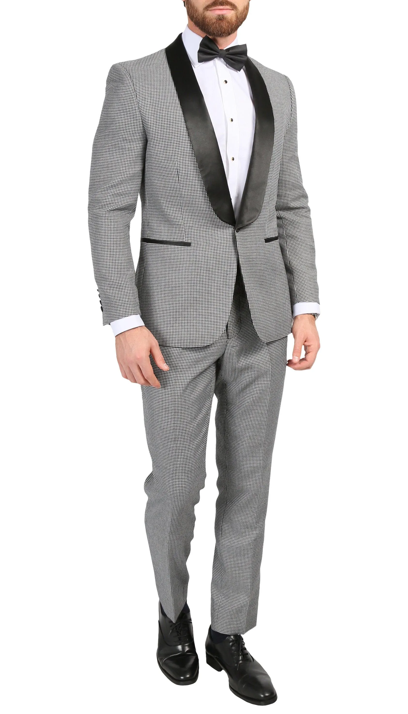 Ferrecci Men's Hilton Skinny Slim Fit Houndstooth Shawl Lapel 2pc Tuxedo