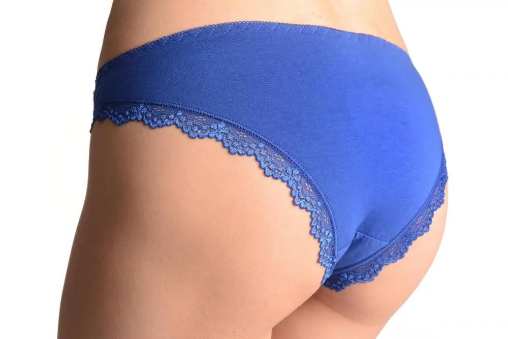 Floral Lace With Crystals Shapes & Cotton Back Blue High Leg Brazilian