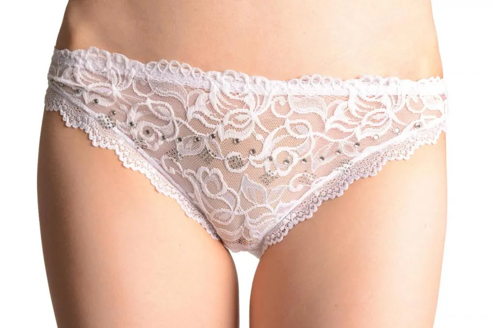Floral Lace With Crystals Shapes & Cotton Back White High Leg Brazilian