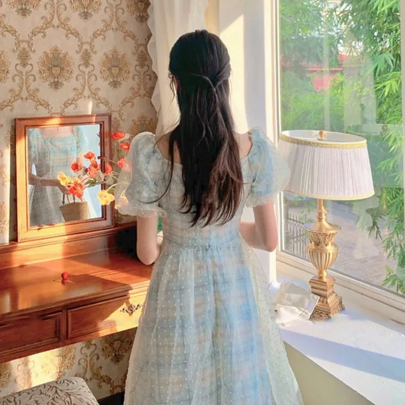 Girlary Elegant Fairy Long Dress Women Sweet Mesh Designer Print Vintage Dress Summer Korean Chiffon Evening Party Dresses Wedding