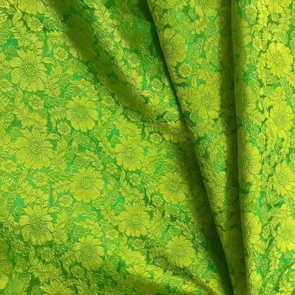 Green silk with Daisy chrysanthemums - PURE MULBERRY SILK fabric by the yard -  Floral Silk -Luxury Silk - Natural silk - Handmade in VietNam