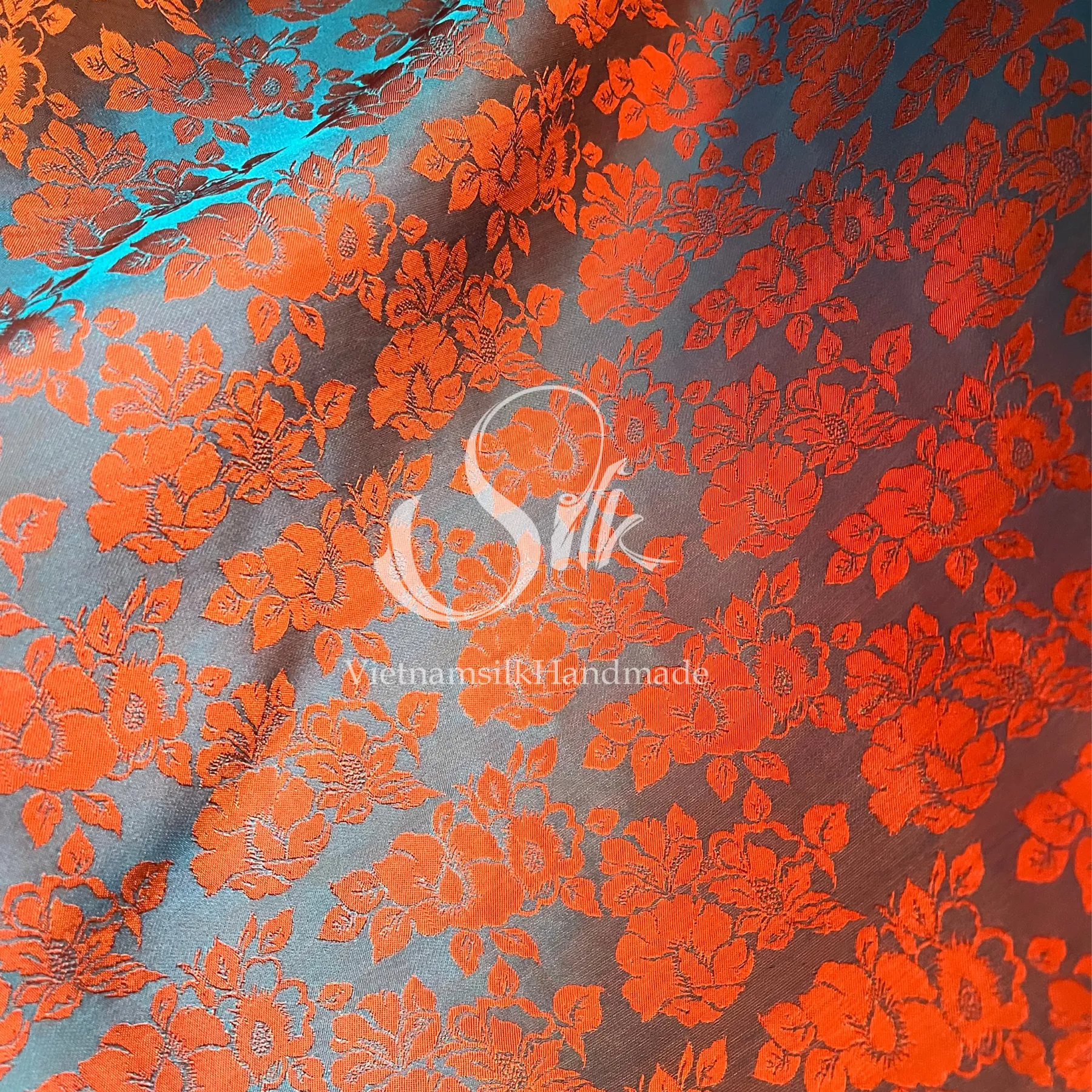 Green Silk with Orange Big Flowers - PURE MULBERRY SILK fabric by the yard -  Floral Silk -Luxury Silk - Natural silk - Handmade in VietNam