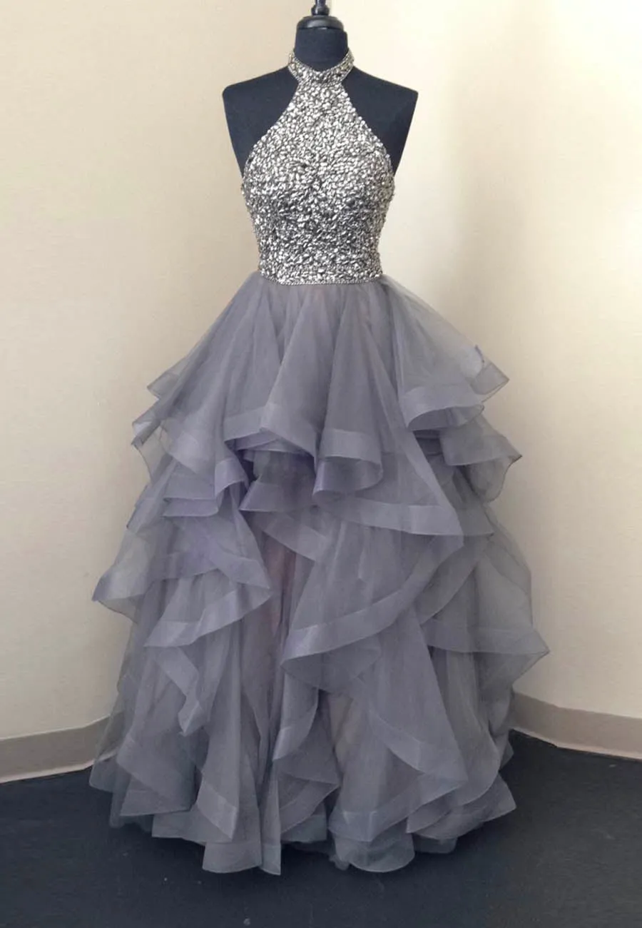 Grey Tulle Long Prom Dresses A-Line Evening Dresses