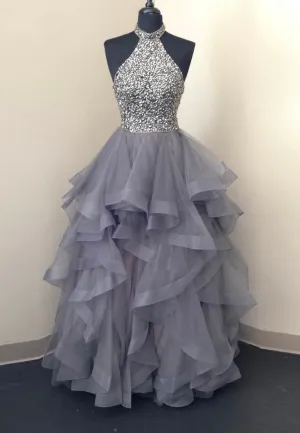 Grey Tulle Long Prom Dresses A-Line Evening Dresses