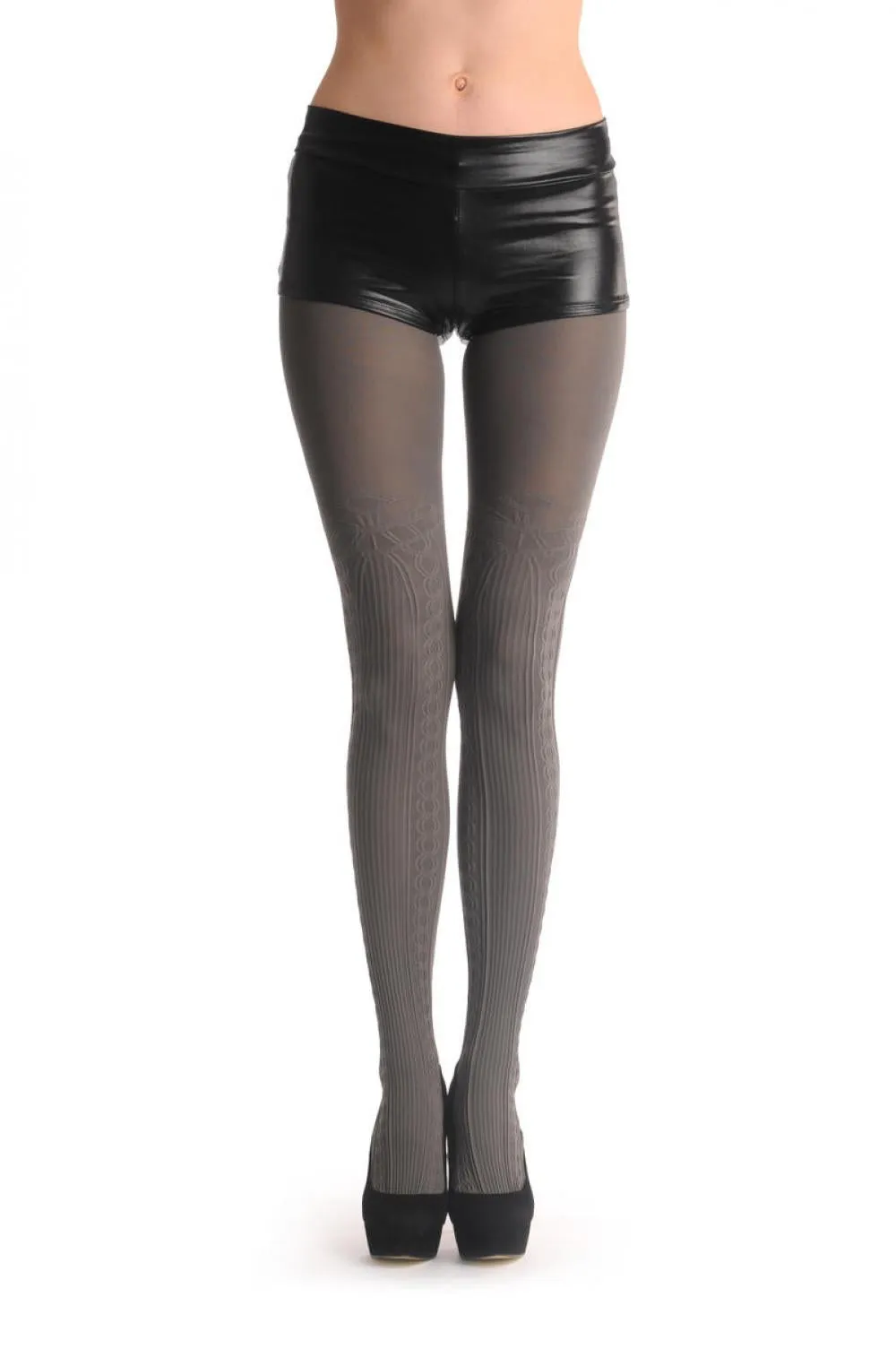 Grey With Woven Front Striped Panel Over The Knee 80 Den