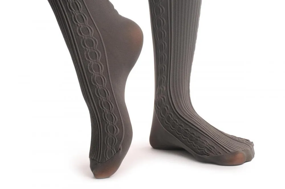 Grey With Woven Front Striped Panel Over The Knee 80 Den