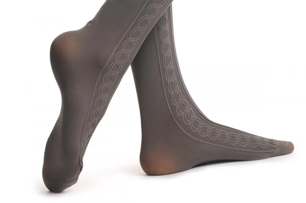Grey With Woven Front Striped Panel Over The Knee 80 Den