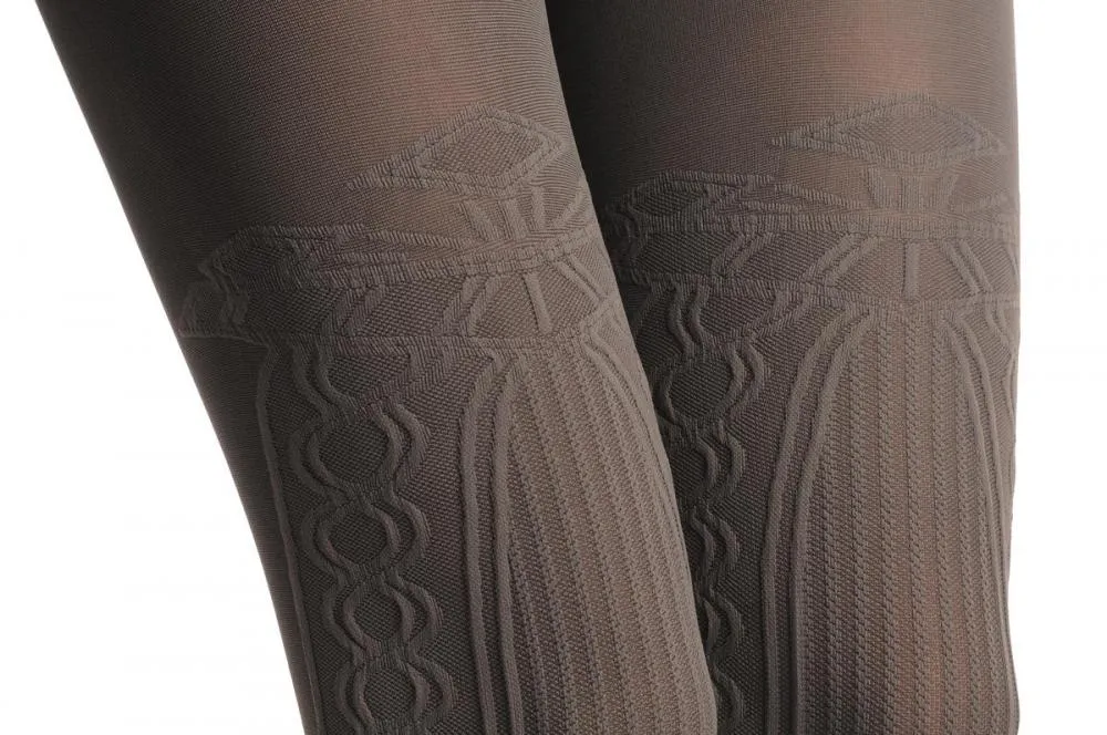 Grey With Woven Front Striped Panel Over The Knee 80 Den